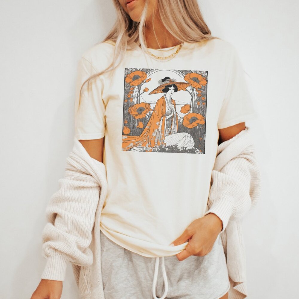 japanese kimono geisha art shirt orange poppy floral artwork asian garden print - Picture 3 of 6